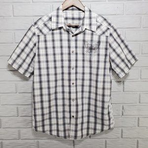 DKNY Mens Large? Gray White Plaid Pearl Snap Western Logo Short Sleeved Shirt